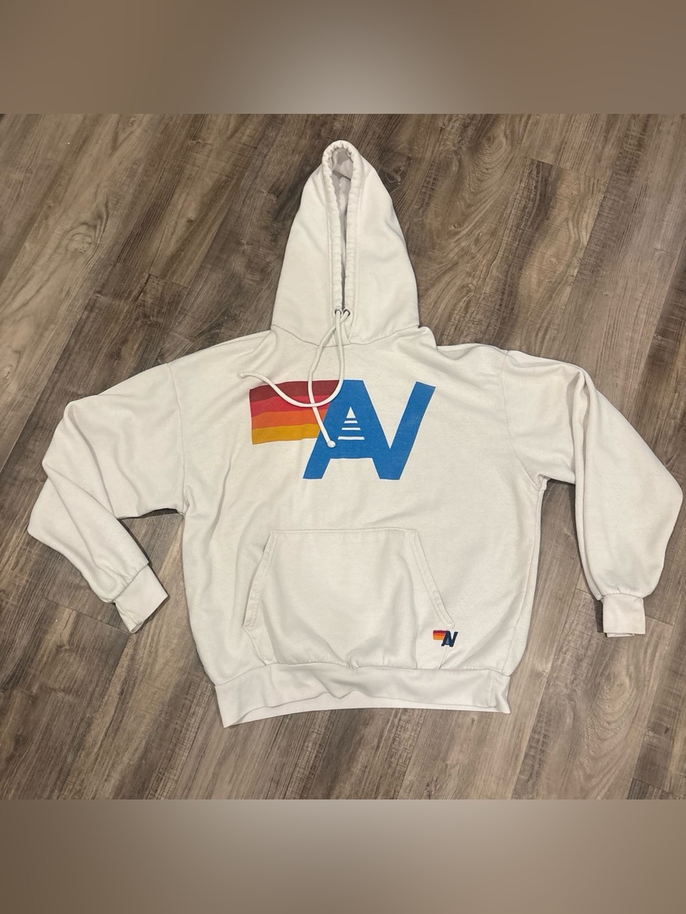Aviator Nation White Hoodie with Blue 'A V' Logo and Sunset Stripe